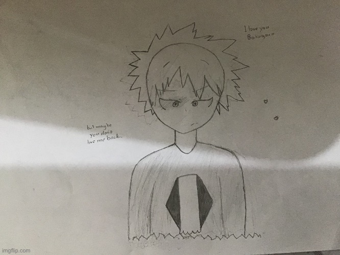 this is my drawing of Bakugou (one of the many) I miss you Bakugou :) | made w/ Imgflip meme maker