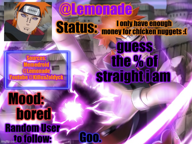 Lemonades Pain Temp | i only have enough money for chicken nuggets :(; guess the % of straight i am; bored; Goo. | image tagged in lemonades pain temp | made w/ Imgflip meme maker