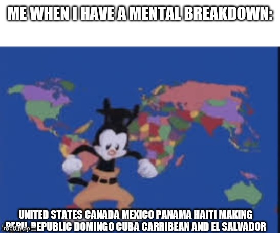 Im having a mental breakdown! lol enjoy the meme | ME WHEN I HAVE A MENTAL BREAKDOWN:; UNITED STATES CANADA MEXICO PANAMA HAITI MAKING PERU, REPUBLIC DOMINGO CUBA CARRIBEAN AND EL SALVADOR | image tagged in yakko's nations of the world,mentalbreakdown | made w/ Imgflip meme maker