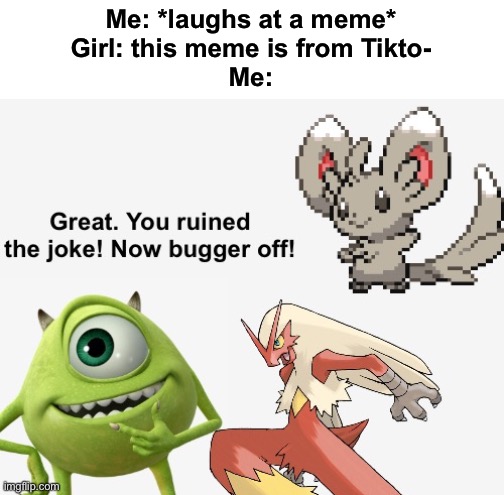 Great. You ruined the joke! Now bugger off! | Me: *laughs at a meme*
Girl: this meme is from Tikto-
Me: | image tagged in great you ruined the joke now bugger off | made w/ Imgflip meme maker