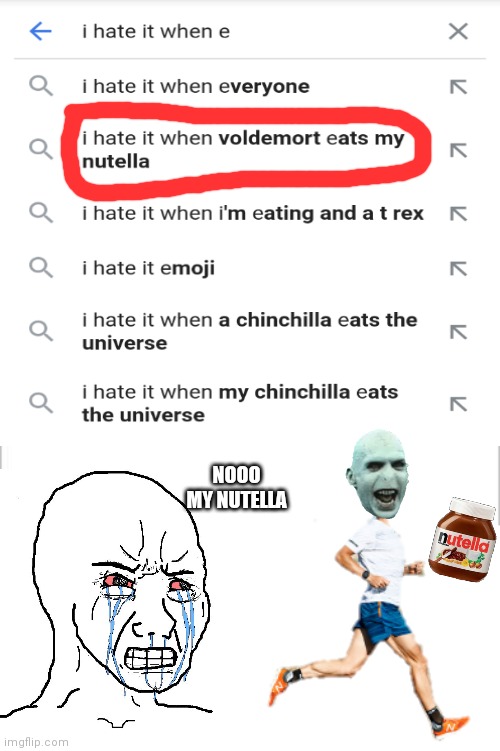 I hate it too | NOOO MY NUTELLA | image tagged in voldemort,nutella,i hate it when,memes,funny | made w/ Imgflip meme maker