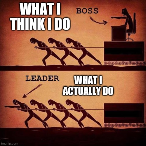 Leader or boss | WHAT I THINK I DO; WHAT I ACTUALLY DO | image tagged in leader or boss | made w/ Imgflip meme maker