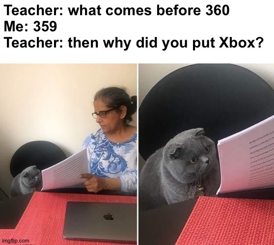 Xbox | Teacher: what comes before 360
Me: 359
Teacher: then why did you put Xbox? | image tagged in woman showing paper to cat,funny,memes,xbox | made w/ Imgflip meme maker