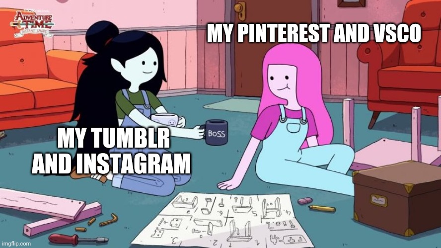 marceline and bubblegum |  MY PINTEREST AND VSCO; MY TUMBLR AND INSTAGRAM | image tagged in marceline and bubblegum,memes,tumblr,vsco,pinterest,instagram | made w/ Imgflip meme maker