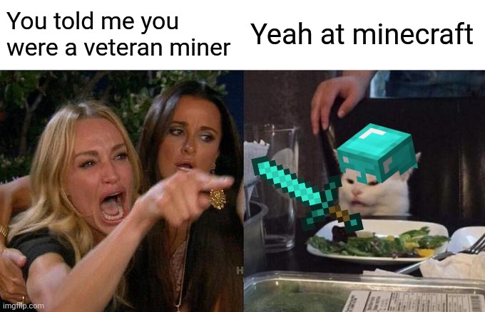 Craftmine | You told me you were a veteran miner; Yeah at minecraft | image tagged in memes,woman yelling at cat | made w/ Imgflip meme maker