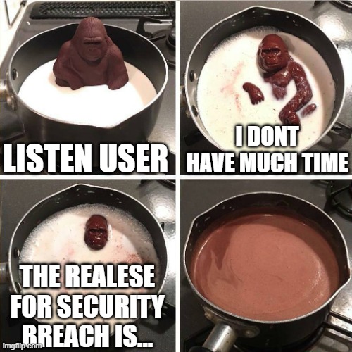We'll never know | I DONT HAVE MUCH TIME; LISTEN USER; THE REALESE FOR SECURITY BREACH IS... | image tagged in chocolate gorilla | made w/ Imgflip meme maker