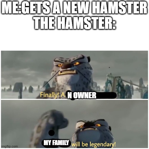 i got a hamster today | ME:GETS A NEW HAMSTER
THE HAMSTER:; N OWNER; MY FAMILY | image tagged in our battle will be legendary | made w/ Imgflip meme maker