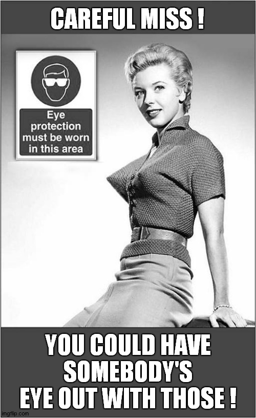 Dangerous 1950's Fashion ! | CAREFUL MISS ! YOU COULD HAVE
SOMEBODY'S EYE OUT WITH THOSE ! | image tagged in 1950's,fashion,pointy,bras | made w/ Imgflip meme maker