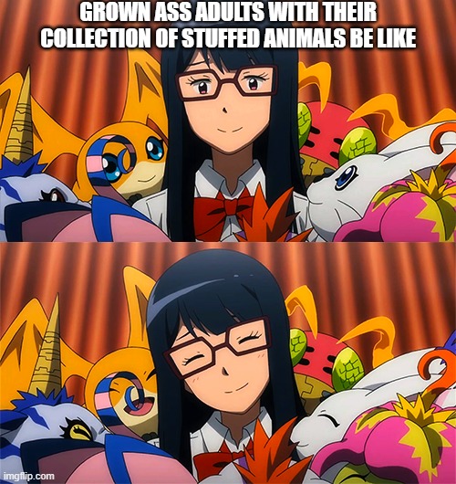 Yes I know Meiko is a teenager in tri but I just wanted to make a cute meme | GROWN ASS ADULTS WITH THEIR COLLECTION OF STUFFED ANIMALS BE LIKE | image tagged in digimon,digimon adventure,digimon adventure tri,meiko mochizuki,anime,stuffed animal | made w/ Imgflip meme maker