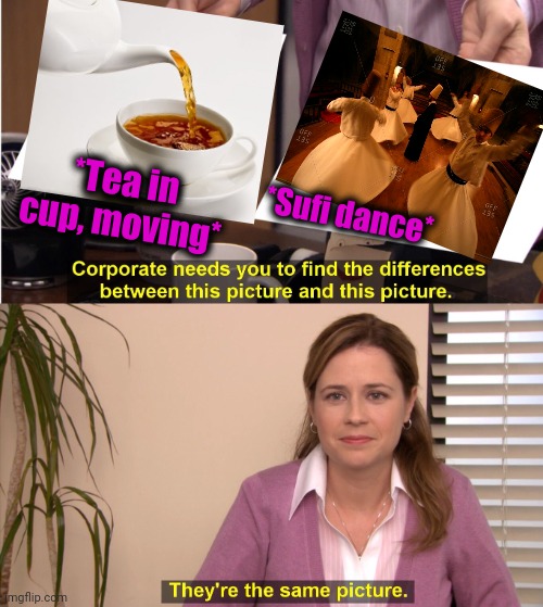 -Mystic investigation. | *Tea in cup, moving*; *Sufi dance* | image tagged in memes,they're the same picture,happy dance,religion of peace,turkey day,tea | made w/ Imgflip meme maker