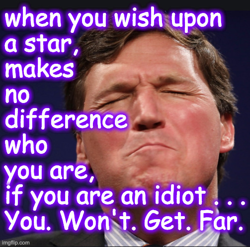 Carlson for anything 2024 (inspired by 2SpiritCherokeePrincess) | when you wish upon
a star,
makes
no
difference
who
you are,
if you are an idiot . . .
You. Won't. Get. Far. | image tagged in memes,tucker carlson,your wish is stupid,election 2024 | made w/ Imgflip meme maker