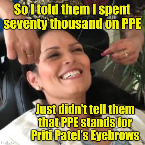 Priti Awful Jokes - on news that the British Home Secretary spent seventy thousand with an eyebrow company | So I told them I spent seventy thousand on PPE; Just didn’t tell them 
that PPE stands for 
Priti Patel’s Eyebrows | image tagged in tories,conservatives,political meme,politics | made w/ Imgflip meme maker
