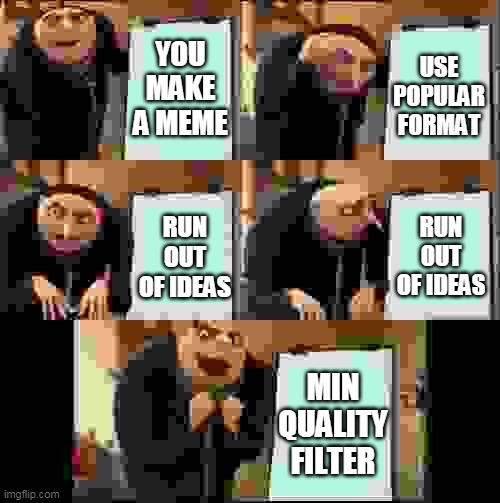 I am aware | YOU MAKE A MEME; USE POPULAR FORMAT; RUN OUT OF IDEAS; RUN OUT OF IDEAS; MIN QUALITY FILTER | image tagged in 5 panel gru meme | made w/ Imgflip meme maker