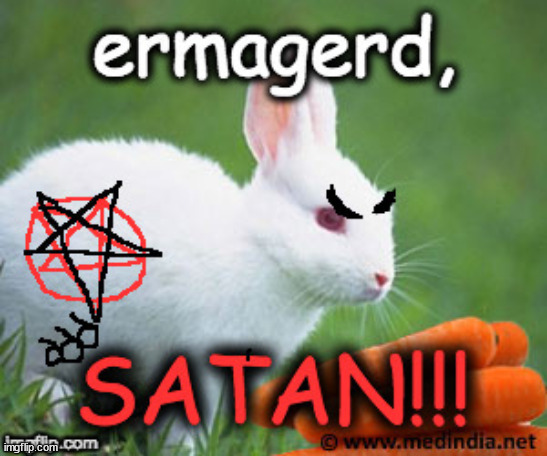 When the Cadbury Bunny is Down with the Devil | image tagged in easter,easter bunny,satan,cadbury bunny,funny memes,funny animals | made w/ Imgflip meme maker