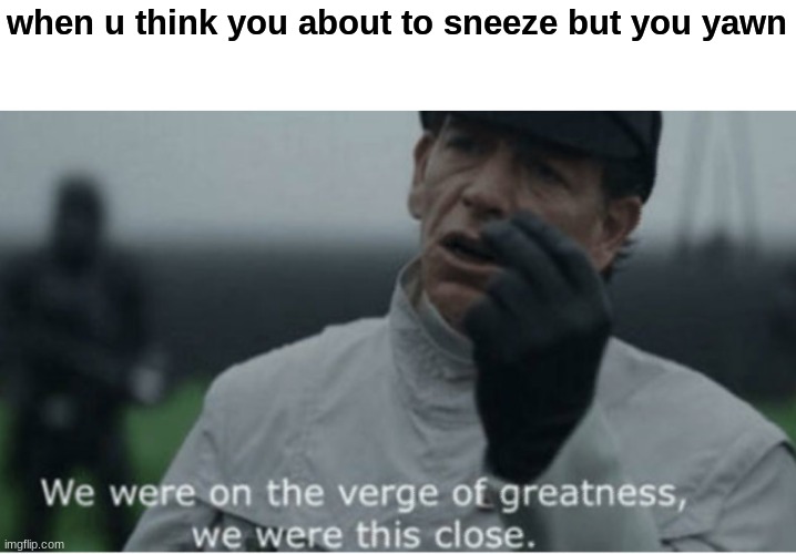 Sneezing feels so good yawning to but sneezing feels better | when u think you about to sneeze but you yawn | image tagged in we were on the verge of greatness | made w/ Imgflip meme maker