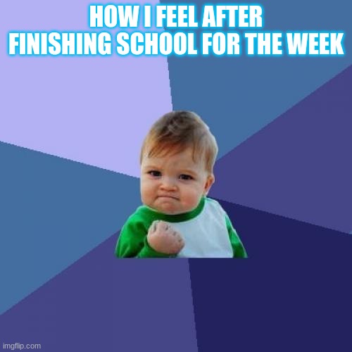 Success Kid Meme | HOW I FEEL AFTER FINISHING SCHOOL FOR THE WEEK | image tagged in memes,success kid | made w/ Imgflip meme maker