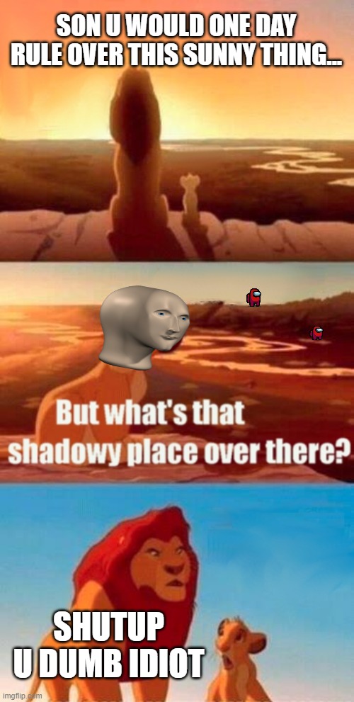simbas dumb questions | SON U WOULD ONE DAY RULE OVER THIS SUNNY THING... SHUTUP U DUMB IDIOT | image tagged in memes,simba shadowy place | made w/ Imgflip meme maker