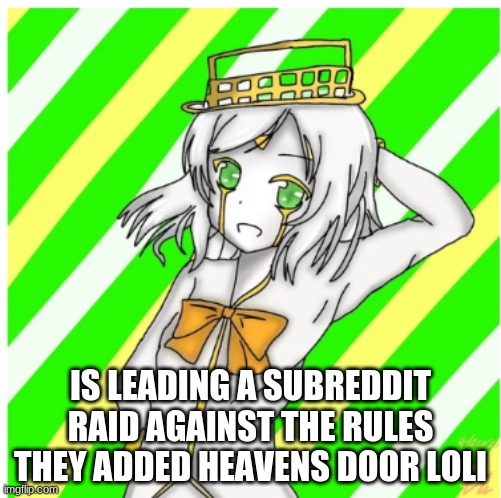 IS LEADING A SUBREDDIT RAID AGAINST THE RULES
THEY ADDED HEAVENS DOOR LOLI | made w/ Imgflip meme maker