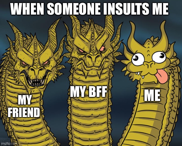 Three-headed Dragon | WHEN SOMEONE INSULTS ME; MY BFF; ME; MY FRIEND | image tagged in three-headed dragon | made w/ Imgflip meme maker