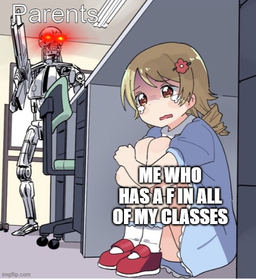 F | Parents; ME WHO HAS A F IN ALL OF MY CLASSES | image tagged in anime girl hiding from terminator | made w/ Imgflip meme maker