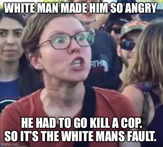 Angry Liberal | WHITE MAN MADE HIM SO ANGRY HE HAD TO GO KILL A COP. SO IT’S THE WHITE MANS FAULT. | image tagged in angry liberal | made w/ Imgflip meme maker