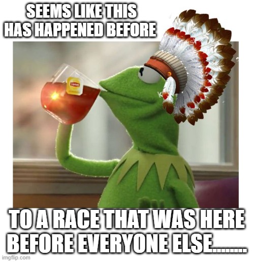 Native American Kermit | SEEMS LIKE THIS HAS HAPPENED BEFORE TO A RACE THAT WAS HERE BEFORE EVERYONE ELSE........ | image tagged in native american kermit | made w/ Imgflip meme maker