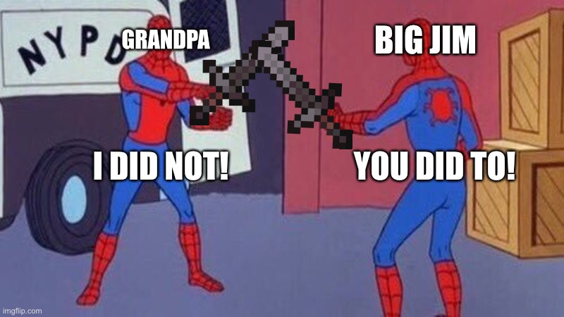 spiderman pointing at spiderman | GRANDPA; BIG JIM; YOU DID TO! I DID NOT! | image tagged in spiderman pointing at spiderman | made w/ Imgflip meme maker