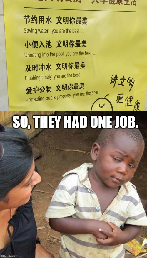 That doesn't look right to me. |  SO, THEY HAD ONE JOB. | image tagged in memes,third world skeptical kid,you had one job,chinese,infinite iq,funny | made w/ Imgflip meme maker