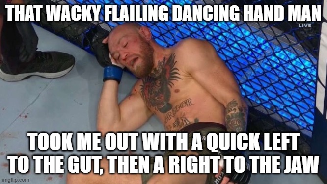 Conor | THAT WACKY FLAILING DANCING HAND MAN TOOK ME OUT WITH A QUICK LEFT TO THE GUT, THEN A RIGHT TO THE JAW | image tagged in conor | made w/ Imgflip meme maker