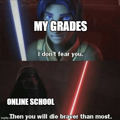 Then you will die braver than most | MY GRADES; ONLINE SCHOOL | image tagged in then you will die braver than most,i'm 15 so don't try it,who reads these | made w/ Imgflip meme maker