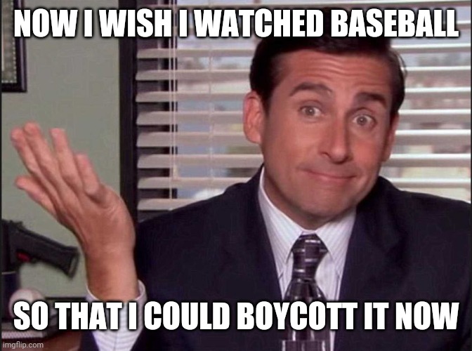 Michael Scott | NOW I WISH I WATCHED BASEBALL SO THAT I COULD BOYCOTT IT NOW | image tagged in michael scott | made w/ Imgflip meme maker