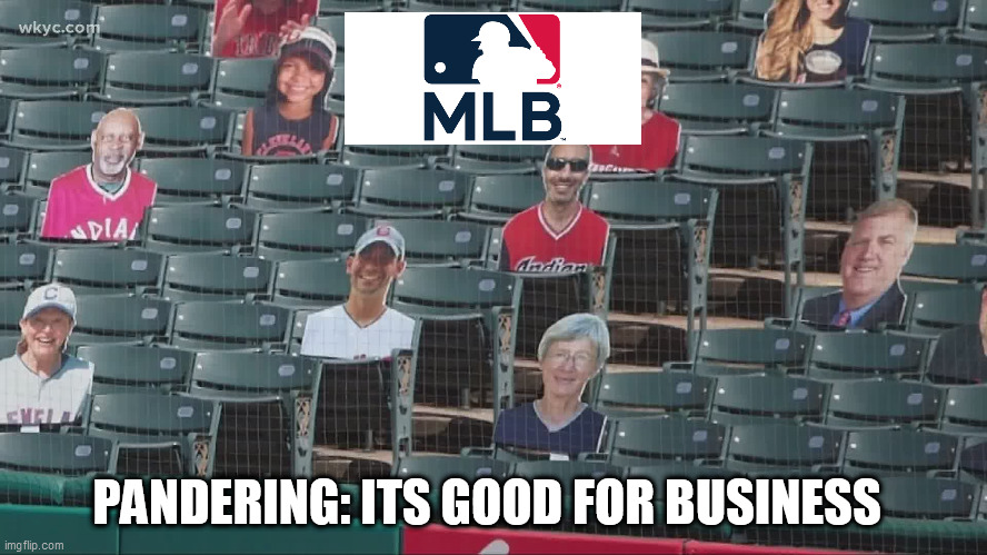 MLB: Irrelevant As Ever | PANDERING: ITS GOOD FOR BUSINESS | image tagged in mlb,baseball,woke,pandering,mlb busted,woke is broke | made w/ Imgflip meme maker