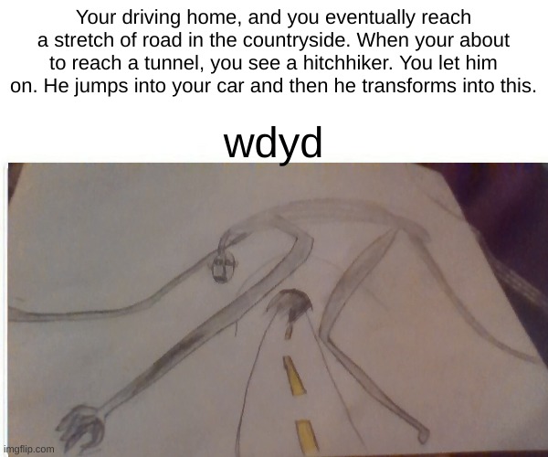 Country Road Creature rp | Your driving home, and you eventually reach a stretch of road in the countryside. When your about to reach a tunnel, you see a hitchhiker. You let him on. He jumps into your car and then he transforms into this. wdyd | made w/ Imgflip meme maker