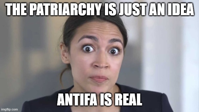 Just the facts, AOC | THE PATRIARCHY IS JUST AN IDEA; ANTIFA IS REAL | image tagged in crazy alexandria ocasio-cortez | made w/ Imgflip meme maker