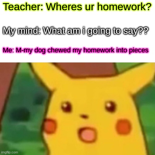 Surprised Pikachu | Teacher: Wheres ur homework? My mind: What am i going to say?? Me: M-my dog chewed my homework into pieces | image tagged in memes,surprised pikachu,school,homework | made w/ Imgflip meme maker