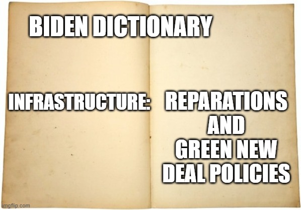 Changing meanings | BIDEN DICTIONARY; REPARATIONS AND GREEN NEW DEAL POLICIES; INFRASTRUCTURE: | image tagged in dictionary meme | made w/ Imgflip meme maker