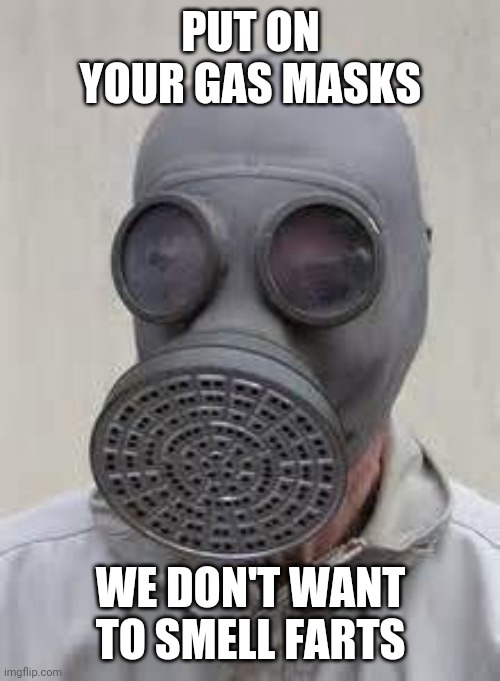 Gas mask | PUT ON YOUR GAS MASKS WE DON'T WANT TO SMELL FARTS | image tagged in gas mask | made w/ Imgflip meme maker