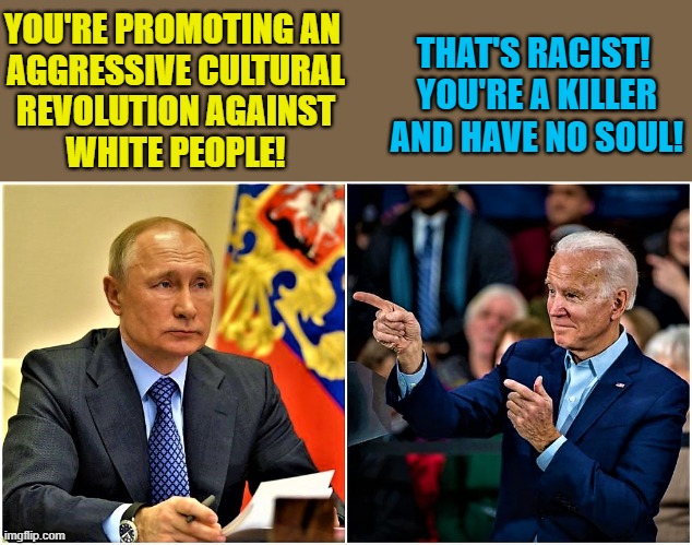 putin vs biden | THAT'S RACIST! 
YOU'RE A KILLER
AND HAVE NO SOUL! YOU'RE PROMOTING AN 
AGGRESSIVE CULTURAL
REVOLUTION AGAINST
WHITE PEOPLE! | image tagged in political meme,joe biden,vladimir putin,revolution,that's racist,killer | made w/ Imgflip meme maker