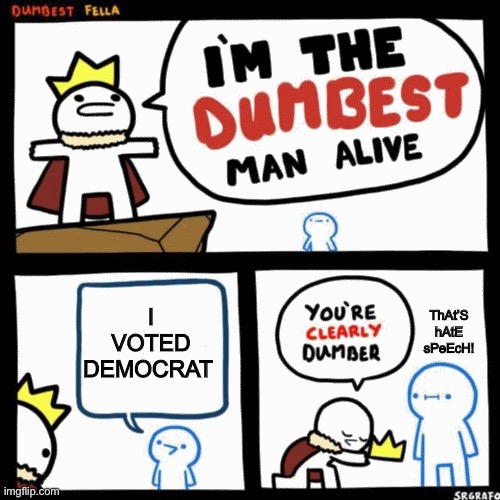 I'm the dumbest man alive | I VOTED DEMOCRAT; ThAt’S hAtE sPeEcH! | image tagged in i'm the dumbest man alive | made w/ Imgflip meme maker