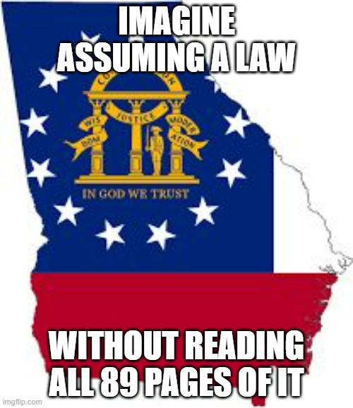 Biden and other Dems, READ IT (I didn't but don't preach if you didn't read it) | IMAGINE ASSUMING A LAW; WITHOUT READING ALL 89 PAGES OF IT | image tagged in georgia,law,joe biden | made w/ Imgflip meme maker