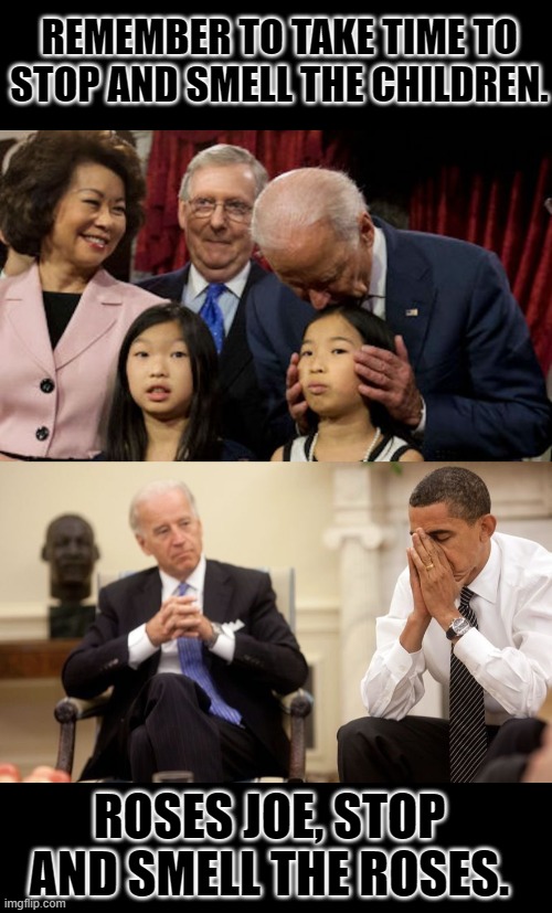 REMEMBER TO TAKE TIME TO STOP AND SMELL THE CHILDREN. ROSES JOE, STOP AND SMELL THE ROSES. | image tagged in biden smells presidencies,biden obama | made w/ Imgflip meme maker