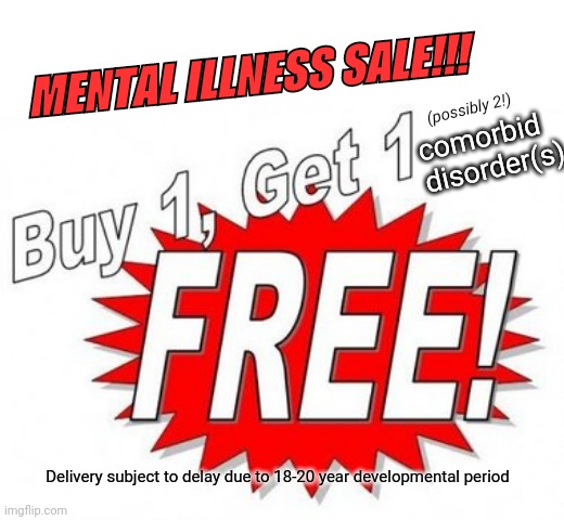 Bogo Mental Illness | MENTAL ILLNESS SALE!!! (possibly 2!); comorbid
disorder(s); Delivery subject to delay due to 18-20 year developmental period | image tagged in mental illness,cynical | made w/ Imgflip meme maker