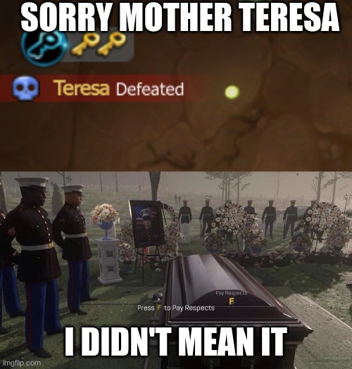 XD rip | SORRY MOTHER TERESA; I DIDN'T MEAN IT | image tagged in press f to pay respects,mother teresa,little big snake | made w/ Imgflip meme maker