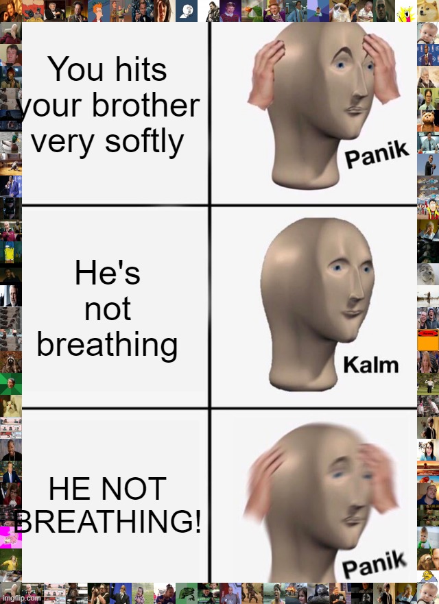 Knock his dreads off | You hits your brother very softly; He's not breathing; HE NOT BREATHING! | image tagged in memes,panik kalm panik | made w/ Imgflip meme maker