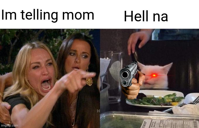 Dont mess with the cat | Im telling mom; Hell na | image tagged in memes,woman yelling at cat | made w/ Imgflip meme maker