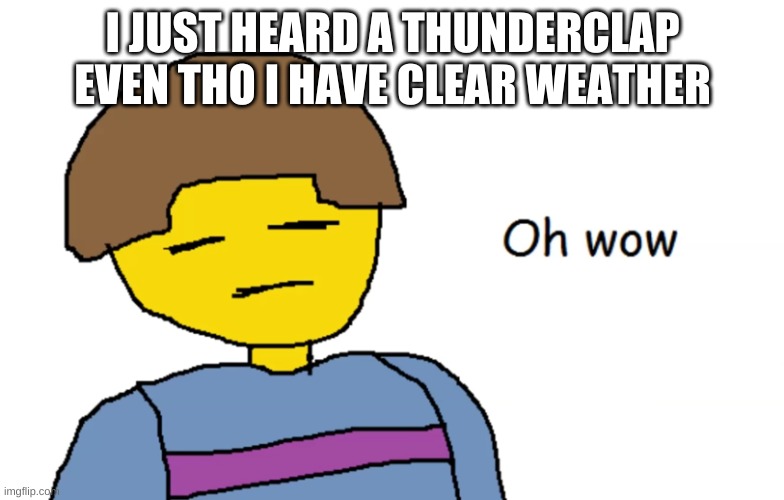 wha- | I JUST HEARD A THUNDERCLAP EVEN THO I HAVE CLEAR WEATHER | image tagged in oh wow | made w/ Imgflip meme maker