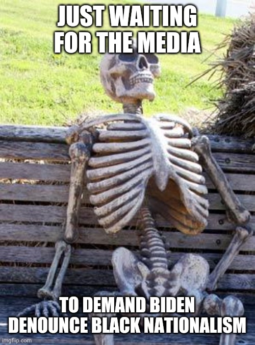 Waiting Skeleton | JUST WAITING FOR THE MEDIA; TO DEMAND BIDEN DENOUNCE BLACK NATIONALISM | image tagged in memes,waiting skeleton | made w/ Imgflip meme maker