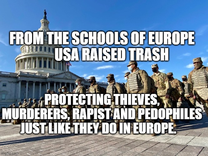 National Guard at US Capital | FROM THE SCHOOLS OF EUROPE          USA RAISED TRASH; PROTECTING THIEVES, MURDERERS, RAPIST AND PEDOPHILES JUST LIKE THEY DO IN EUROPE. | image tagged in national guard at us capital | made w/ Imgflip meme maker