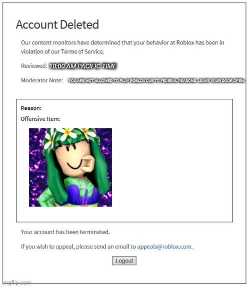 Lisa gaming sucks | 10:00 AM PACIFIC TIME; YOU ARE NOT ALLOWED TO PLAY ROBLOX DUE TO FEDERAL REASONS. LEAVE YOUR DOOR OPEN. | image tagged in banned from roblox | made w/ Imgflip meme maker
