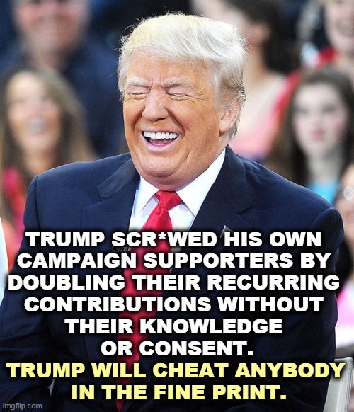 The Trump 2020 campaign alone generated 3% of all the credit card fraud in the U.S., a record! A unique political achievement. | TRUMP SCR*WED HIS OWN 
CAMPAIGN SUPPORTERS BY 
DOUBLING THEIR RECURRING 
CONTRIBUTIONS WITHOUT 
THEIR KNOWLEDGE 
OR CONSENT. TRUMP WILL CHEAT ANYBODY 
IN THE FINE PRINT. | image tagged in trump laughing,cheat,followers,thief | made w/ Imgflip meme maker